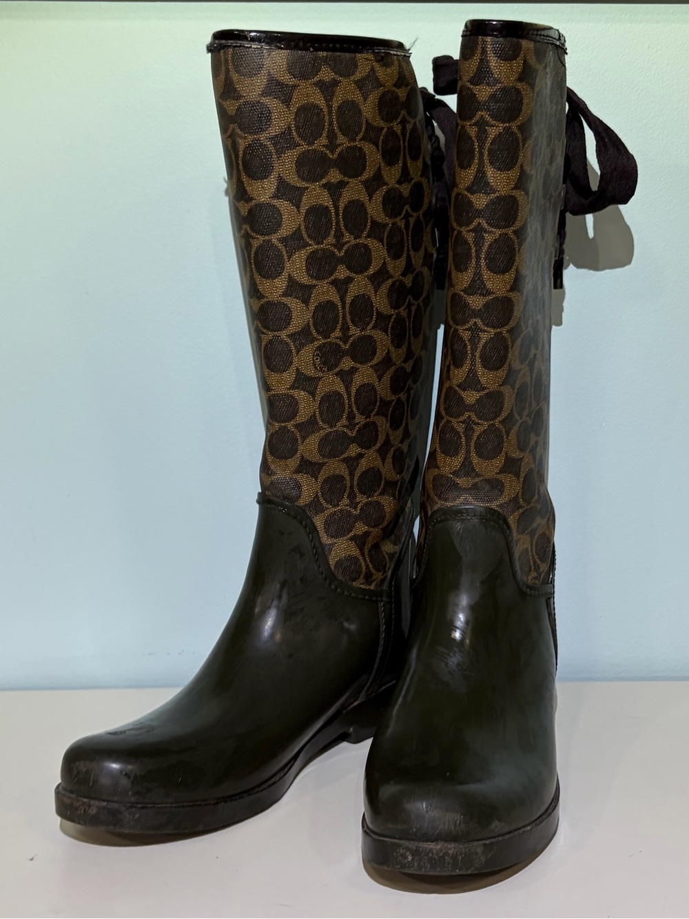 Coach Brown Signature Pattern Tall Rain Boots with Lace Up At back of top. 9